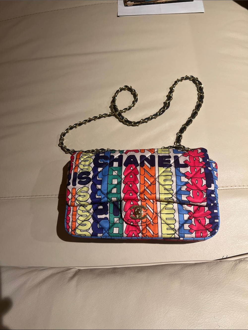 Multicolor Logo Quilted Shoulder Bag in White Base with Rainbow Stripe - Picture 4 of 8